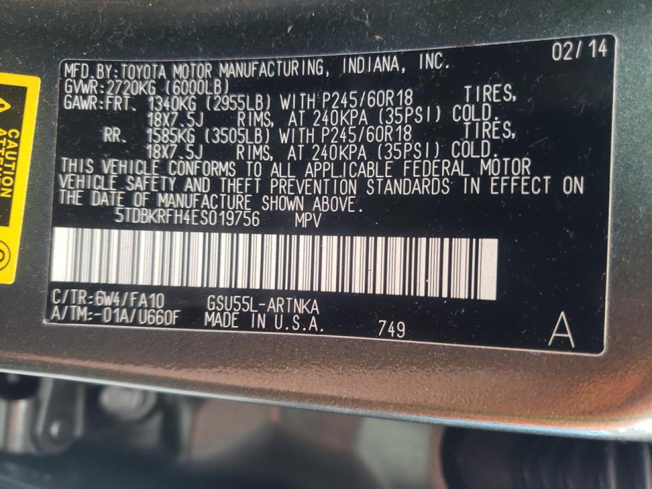 Photo 10 from auction – 2014 TOYOTA HIGHLANDER with VIN 5TDBKRFH4ES019756
