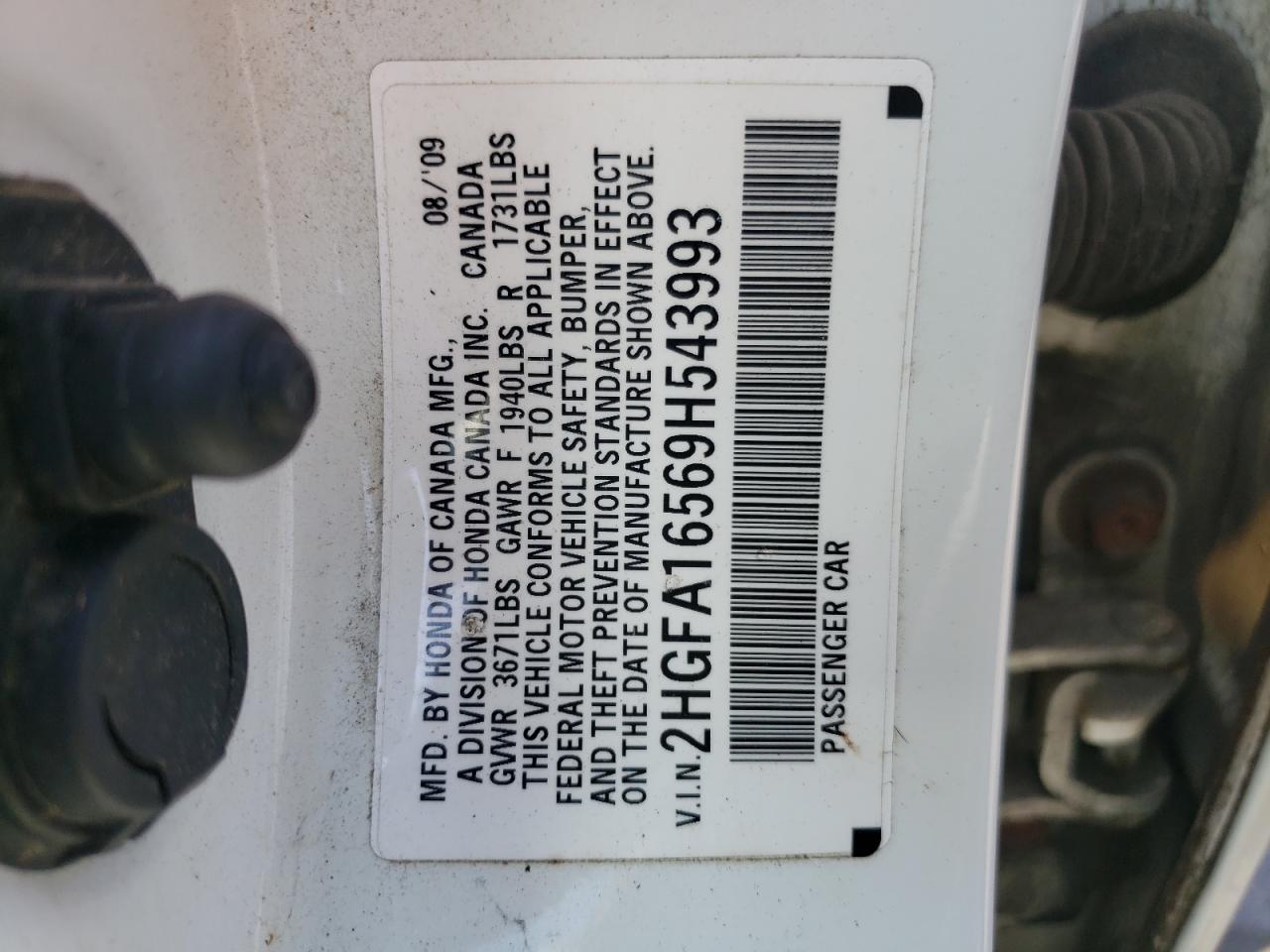 Photo 10 from auction – 2009 HONDA CIVIC with VIN 2HGFA16569H543993