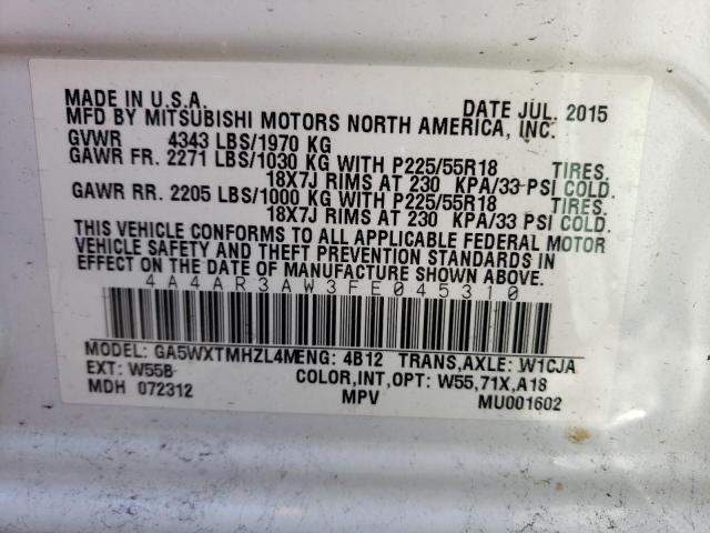 Photo 10 from auction – 2015 MITSUBISHI OUTLANDER with VIN 4A4AR3AW3FE045310