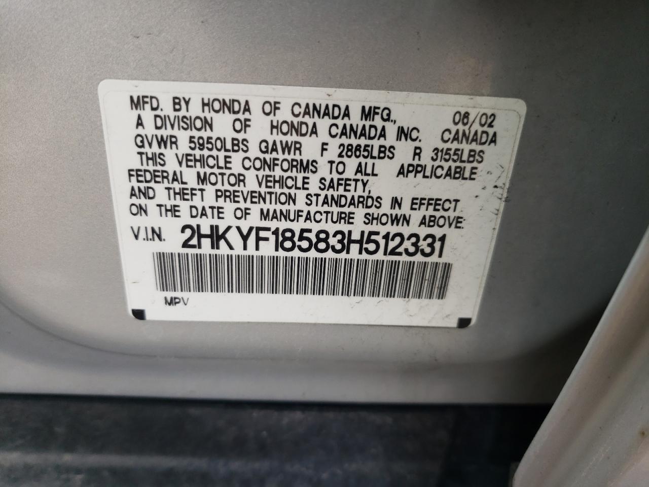 Photo 10 from auction – 2003 HONDA PILOT EXL with VIN 2HKYF18583H512331