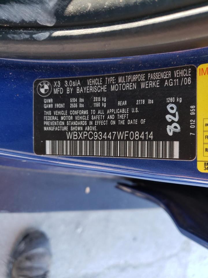 Photo 10 from auction – 2007 BMW X3 3.0SI with VIN WBXPC93447WF08414