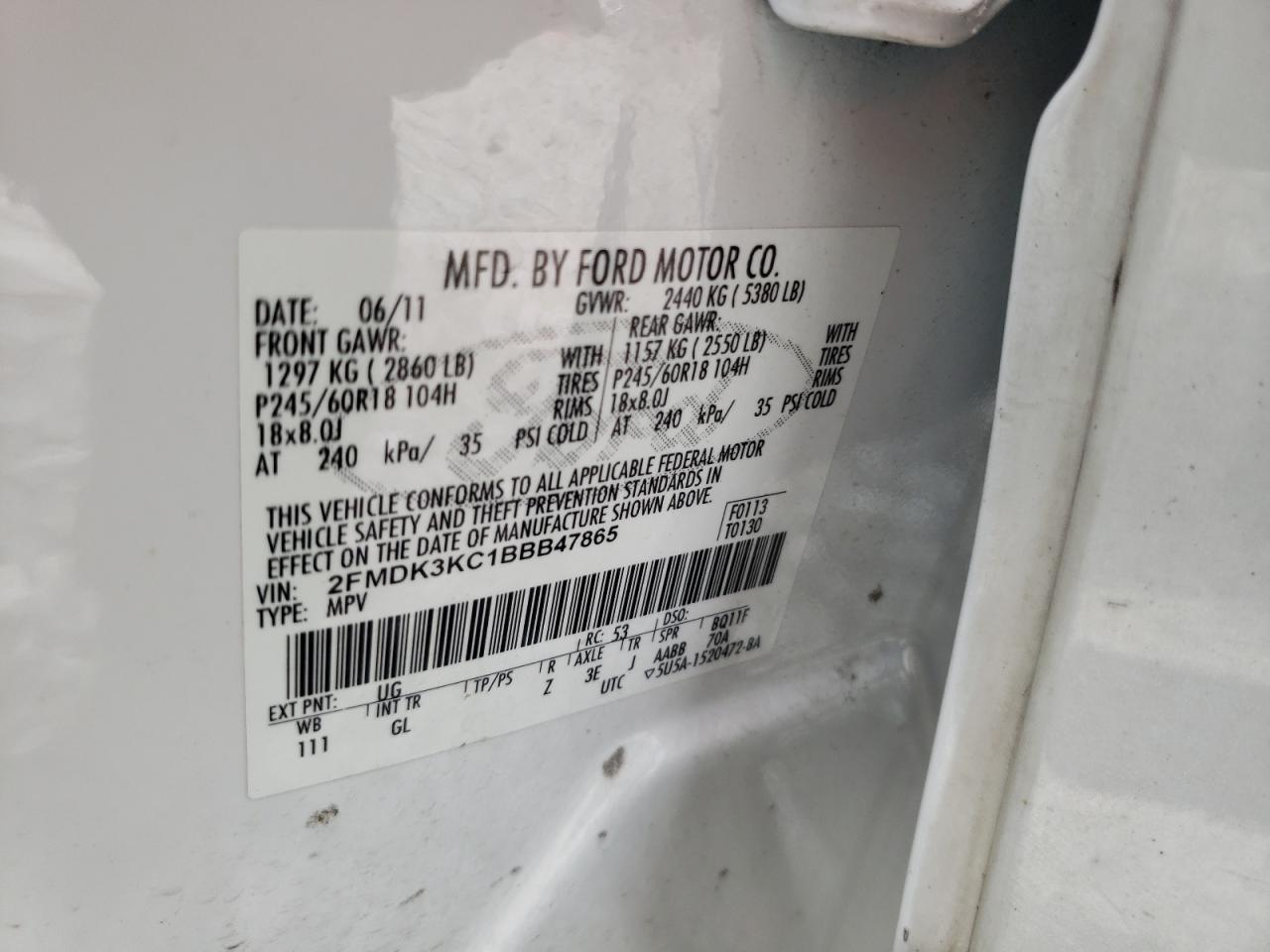 Photo 10 from auction – 2011 FORD EDGE LIMIT with VIN 2FMDK3KC1BBB47865