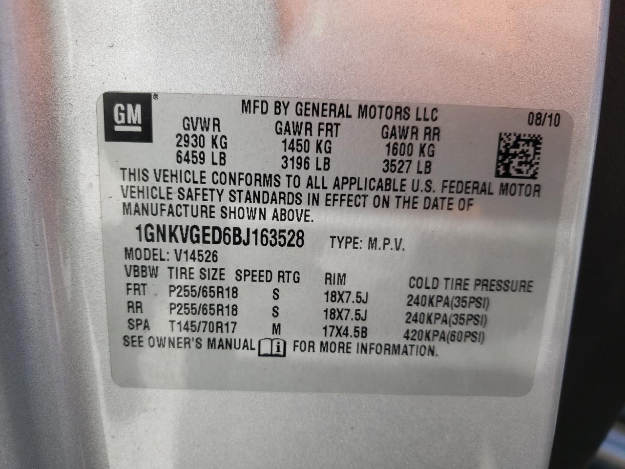 Photo 10 from auction – 2011 CHEVROLET TRAVERSE L with VIN 1GNKVGED6BJ163528