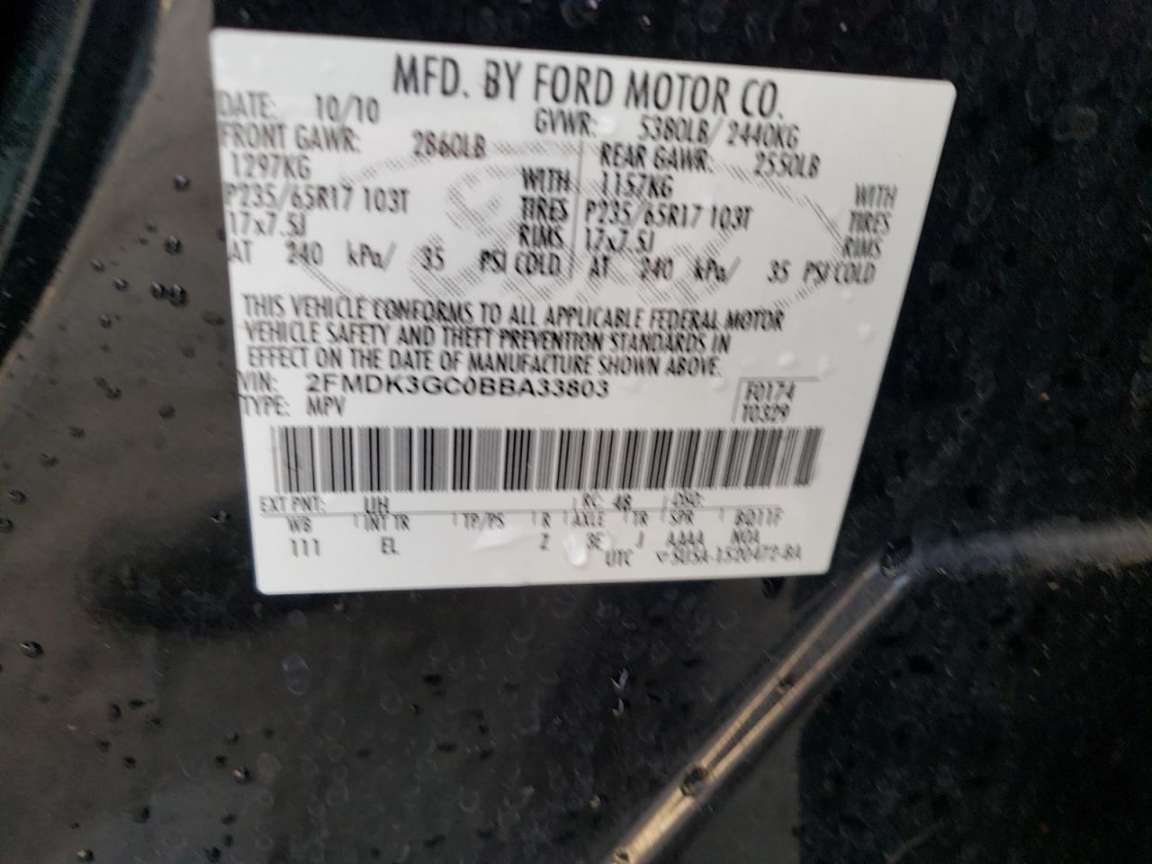 Photo 10 from auction – 2011 FORD EDGE SE with VIN 2FMDK3GC0BBA33803
