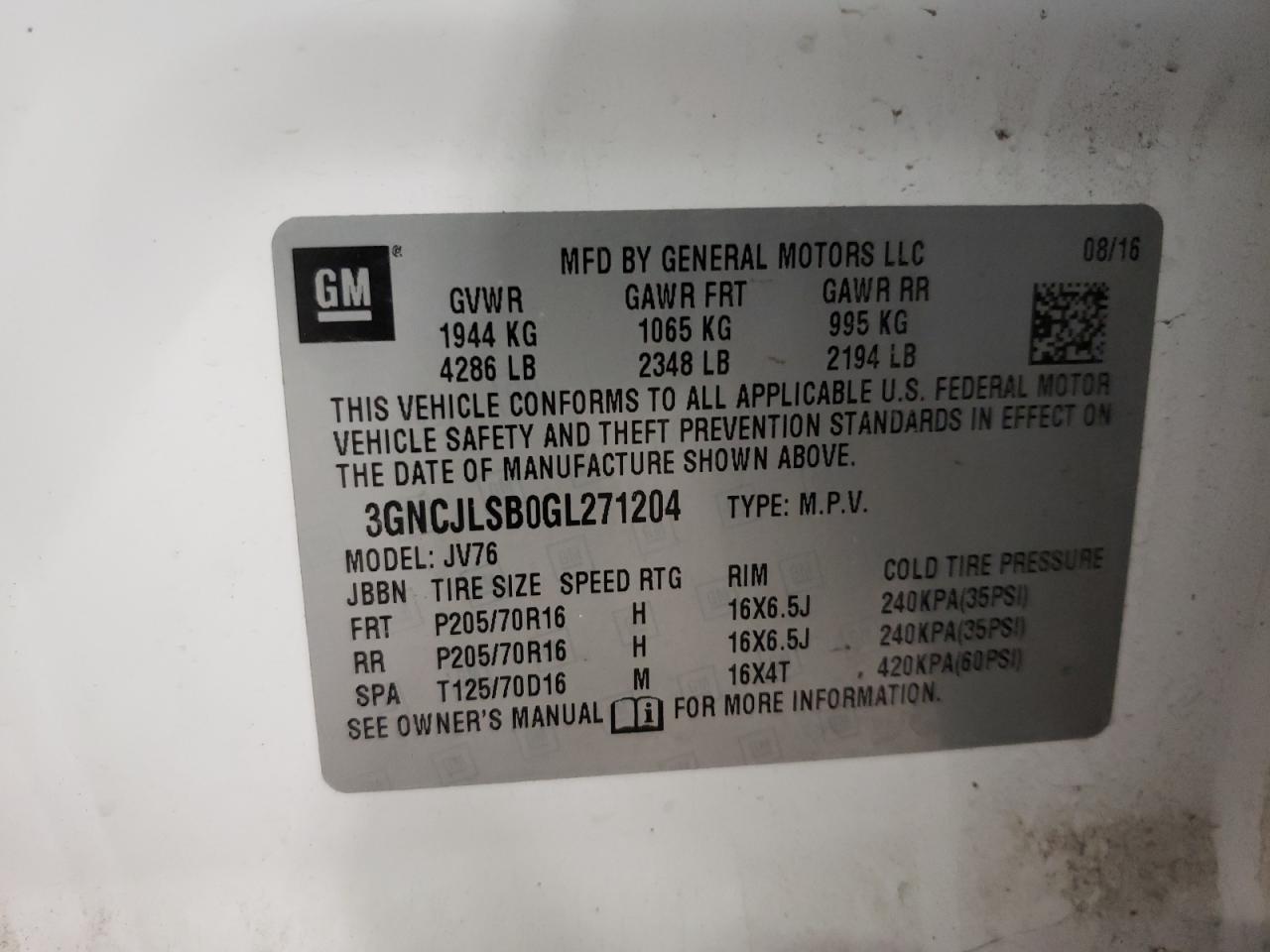 Photo 10 from auction – 2016 CHEVROLET TRAX 1LT with VIN 3GNCJLSB0GL271204