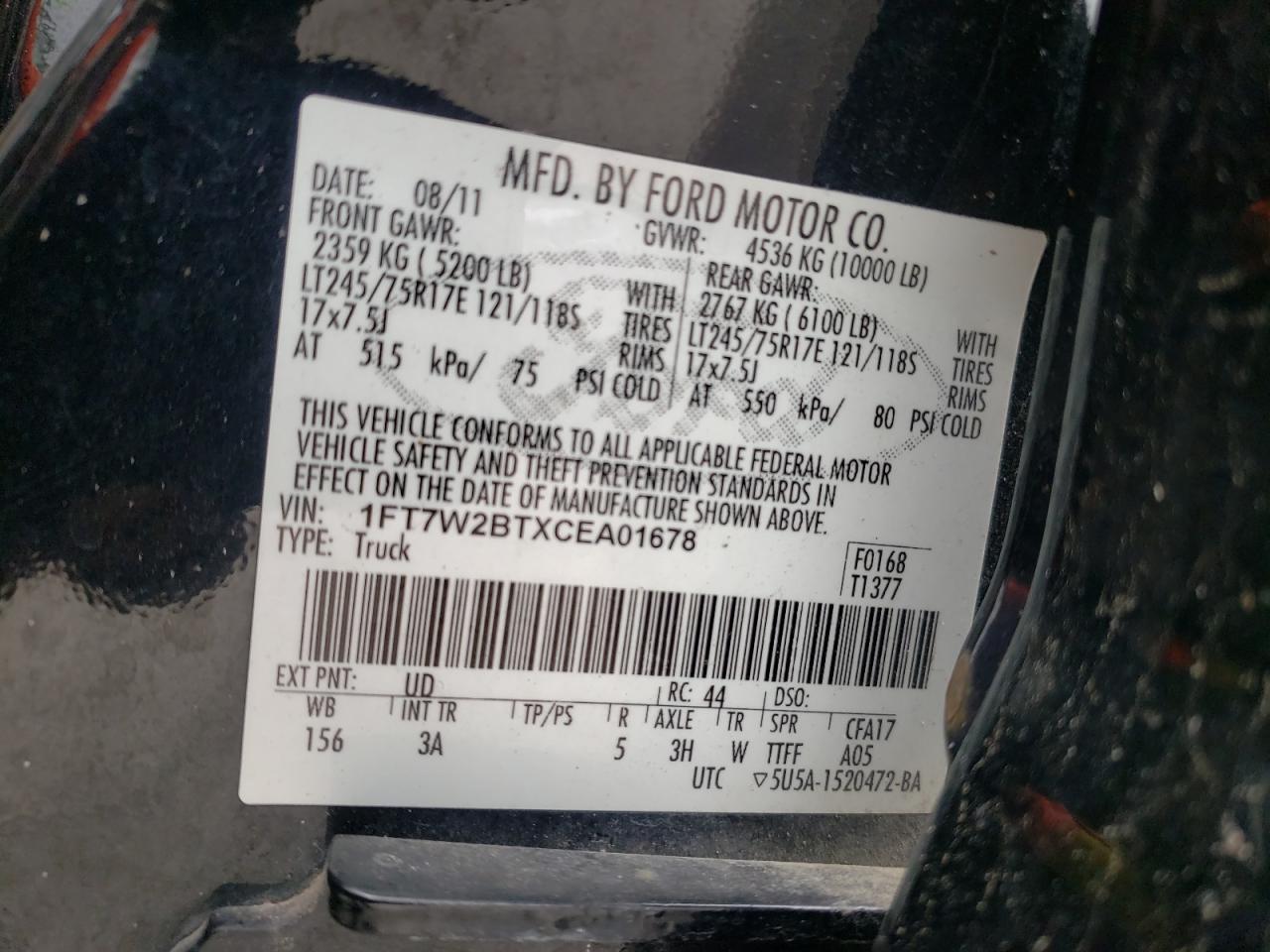 Foto 10 de la subasta – 2012 FORD F250 SUPER con VIN 1FT7W2BTXCEA01678