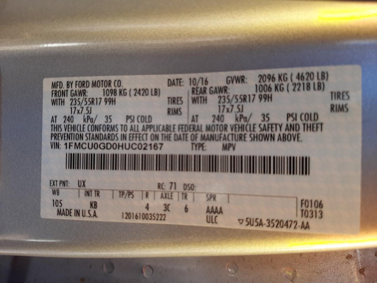 Photo 10 from auction – 2017 FORD ESCAPE SE with VIN 1FMCU0GD0HUC02167