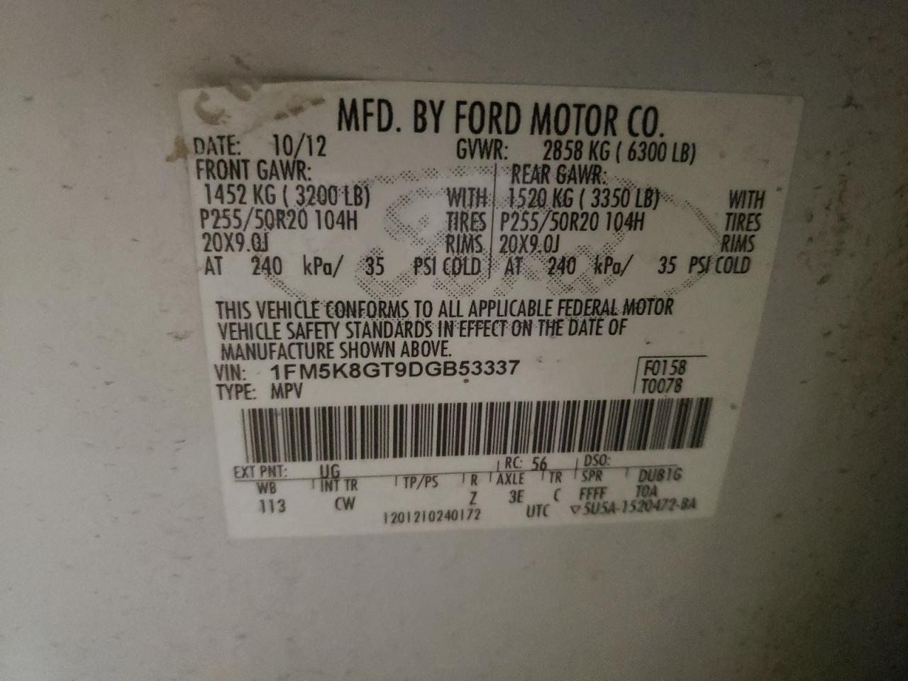 Photo 10 from auction – 2013 FORD EXPLORER S with VIN 1FM5K8GT9DGB53337