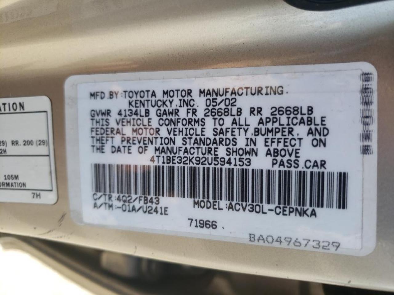 Photo 10 from auction – 2002 TOYOTA CAMRY LE with VIN 4T1BE32K92U594153