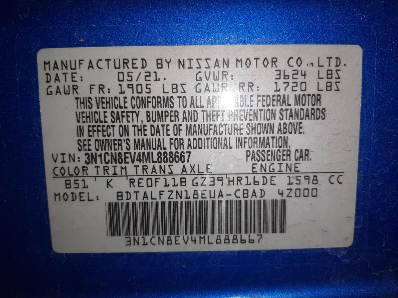 Photo 10 from auction – 2021 NISSAN VERSA SV with VIN 3N1CN8EV4ML888667