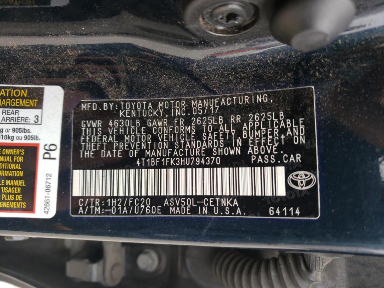 Photo 10 from auction – 2017 TOYOTA CAMRY LE with VIN 4T1BF1FK3HU794370