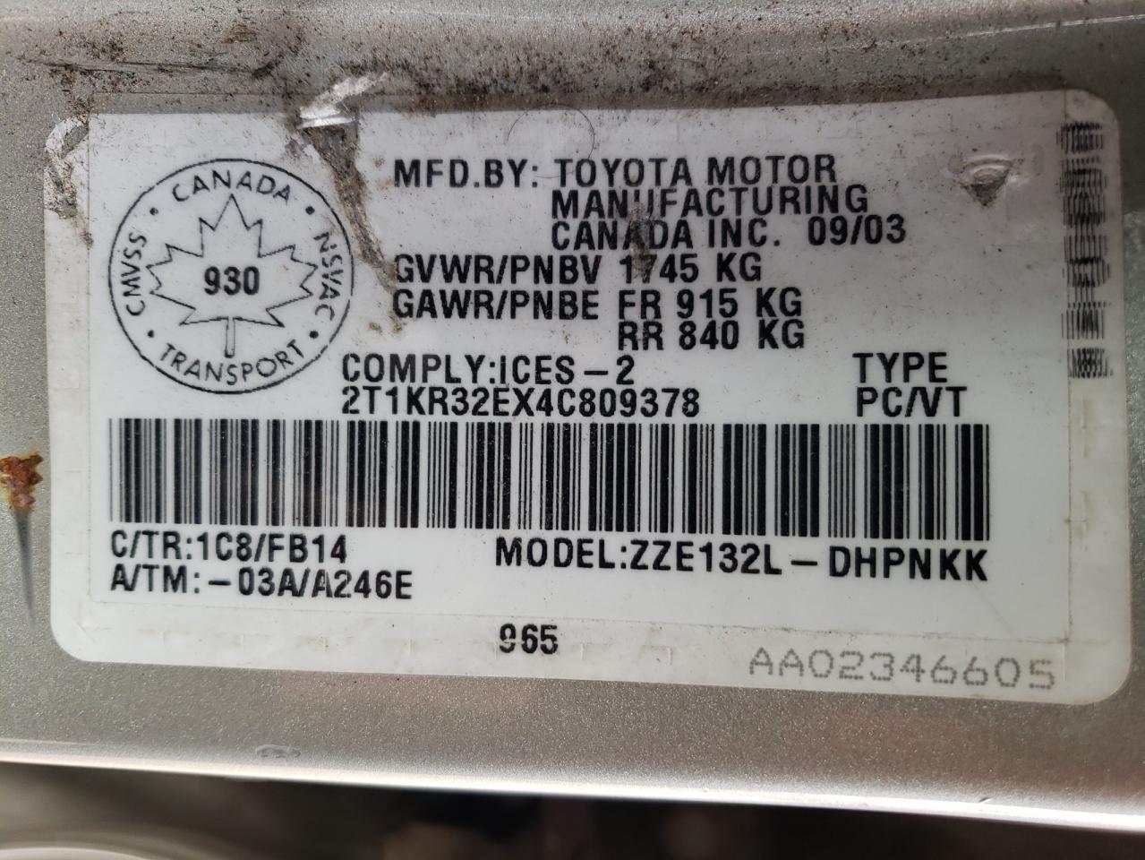 Photo 10 from auction – 2004 TOYOTA COROLLA MA with VIN 2T1KR32EX4C809378