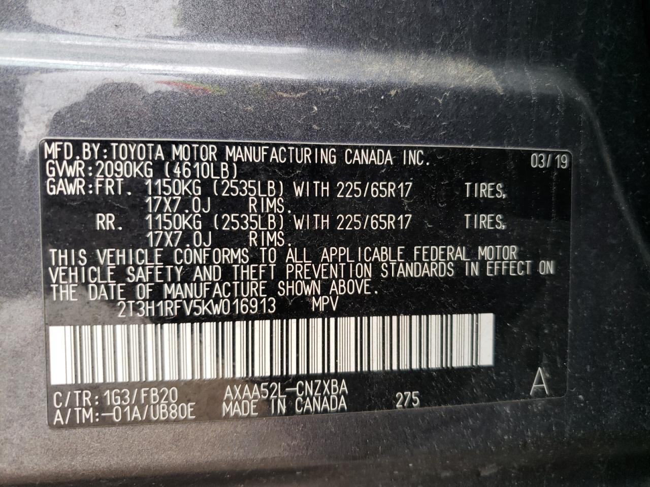 Photo 10 from auction – 2019 TOYOTA RAV4 LE with VIN 2T3H1RFV5KW016913