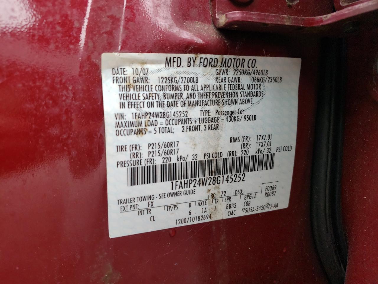 Photo 10 from auction – 2008 FORD TAURUS SEL with VIN 1FAHP24W28G145252