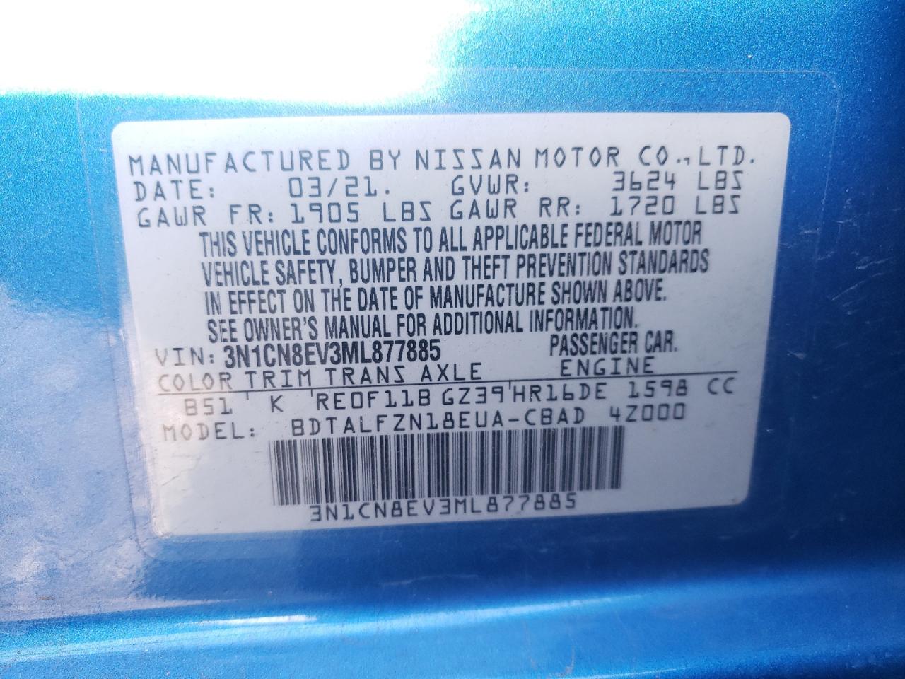 Photo 10 from auction – 2021 NISSAN VERSA SV with VIN 3N1CN8EV3ML877885