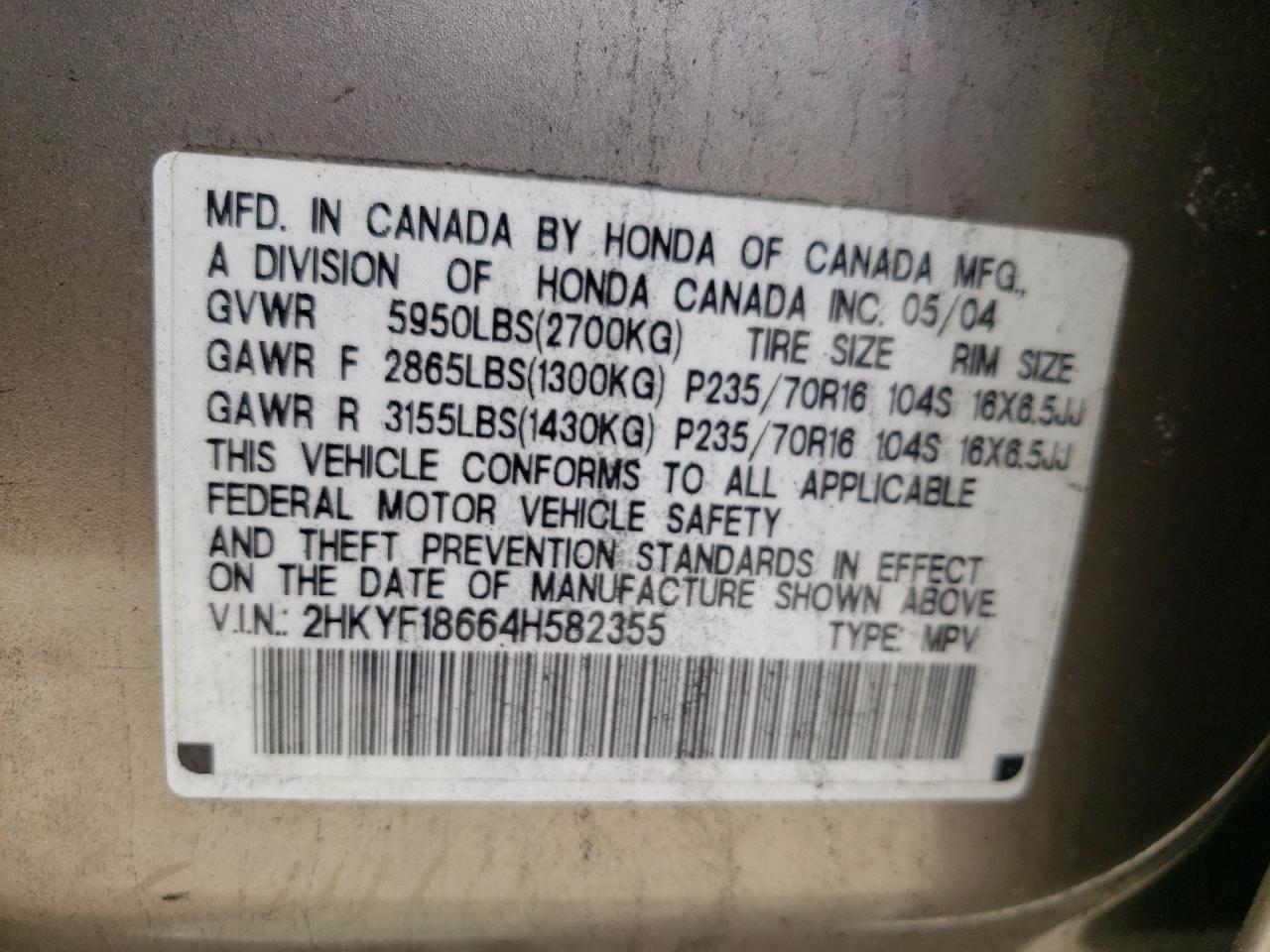 Photo 10 from auction – 2004 HONDA PILOT EXL with VIN 2HKYF18664H582355