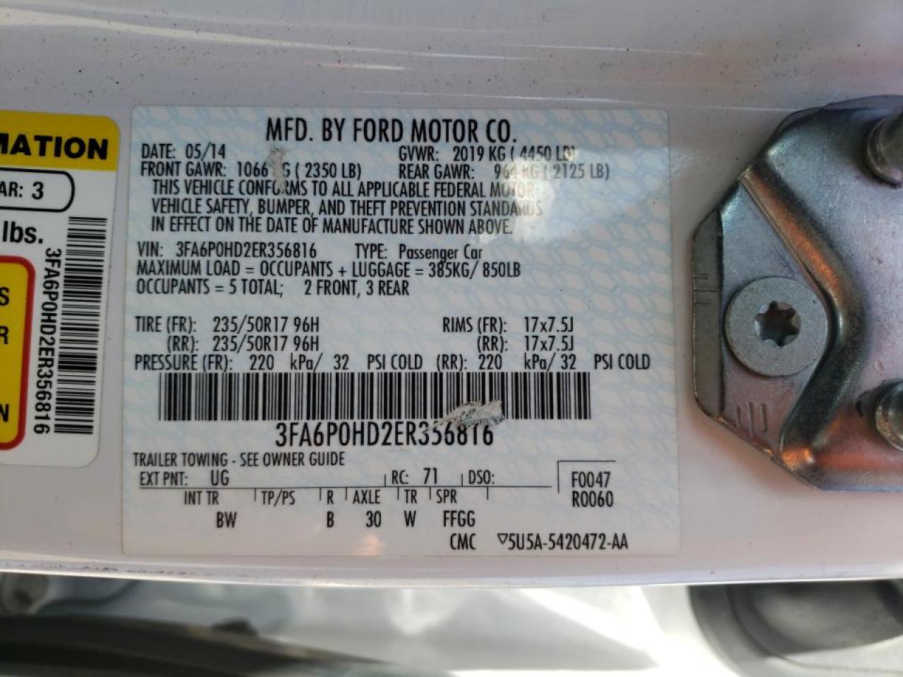 Photo 10 from auction – 2014 FORD FUSION SE with VIN 3FA6P0HD2ER356816