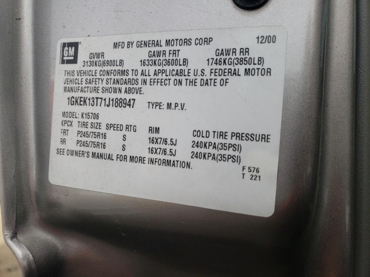 Photo 10 from auction – 2001 GMC YUKON with VIN 1GKEK13T71J188947