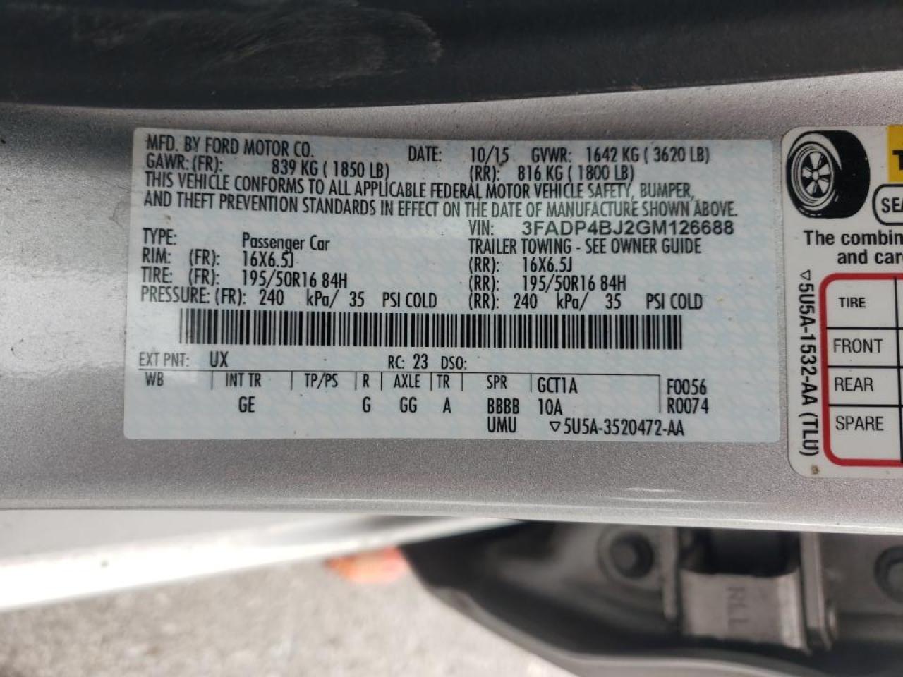Photo 10 from auction – 2016 FORD FIESTA SE with VIN 3FADP4BJ2GM126688