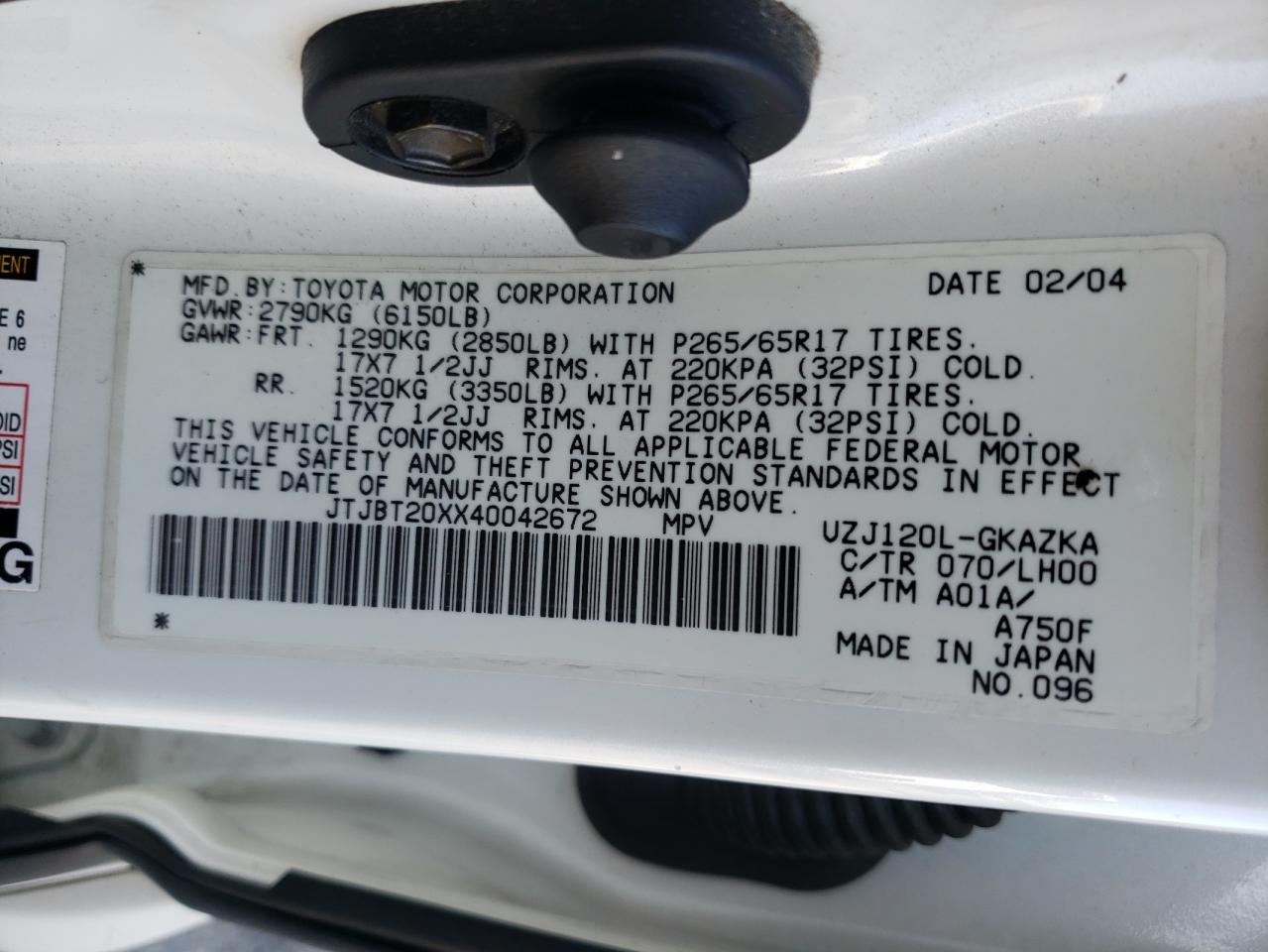 Photo 10 from auction – 2004 LEXUS GX 470 with VIN JTJBT20XX40042672