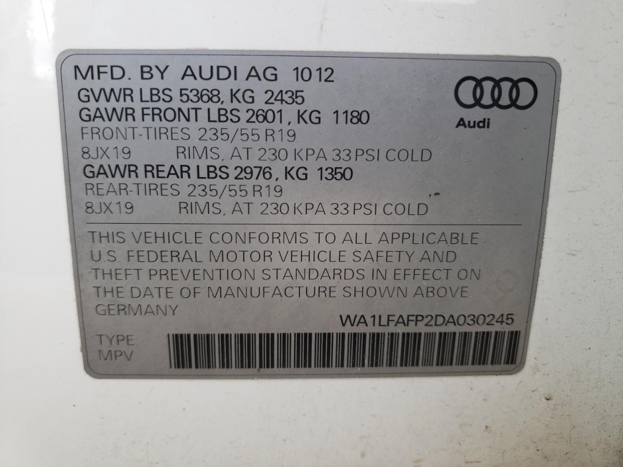 Photo 10 from auction – 2013 AUDI Q5 PREMIUM with VIN WA1LFAFP2DA030245