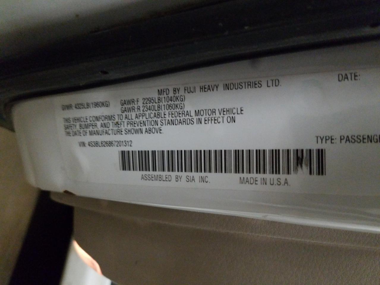 Photo 10 from auction – 2006 SUBARU LEGACY 2.5 with VIN 4S3BL626867201312