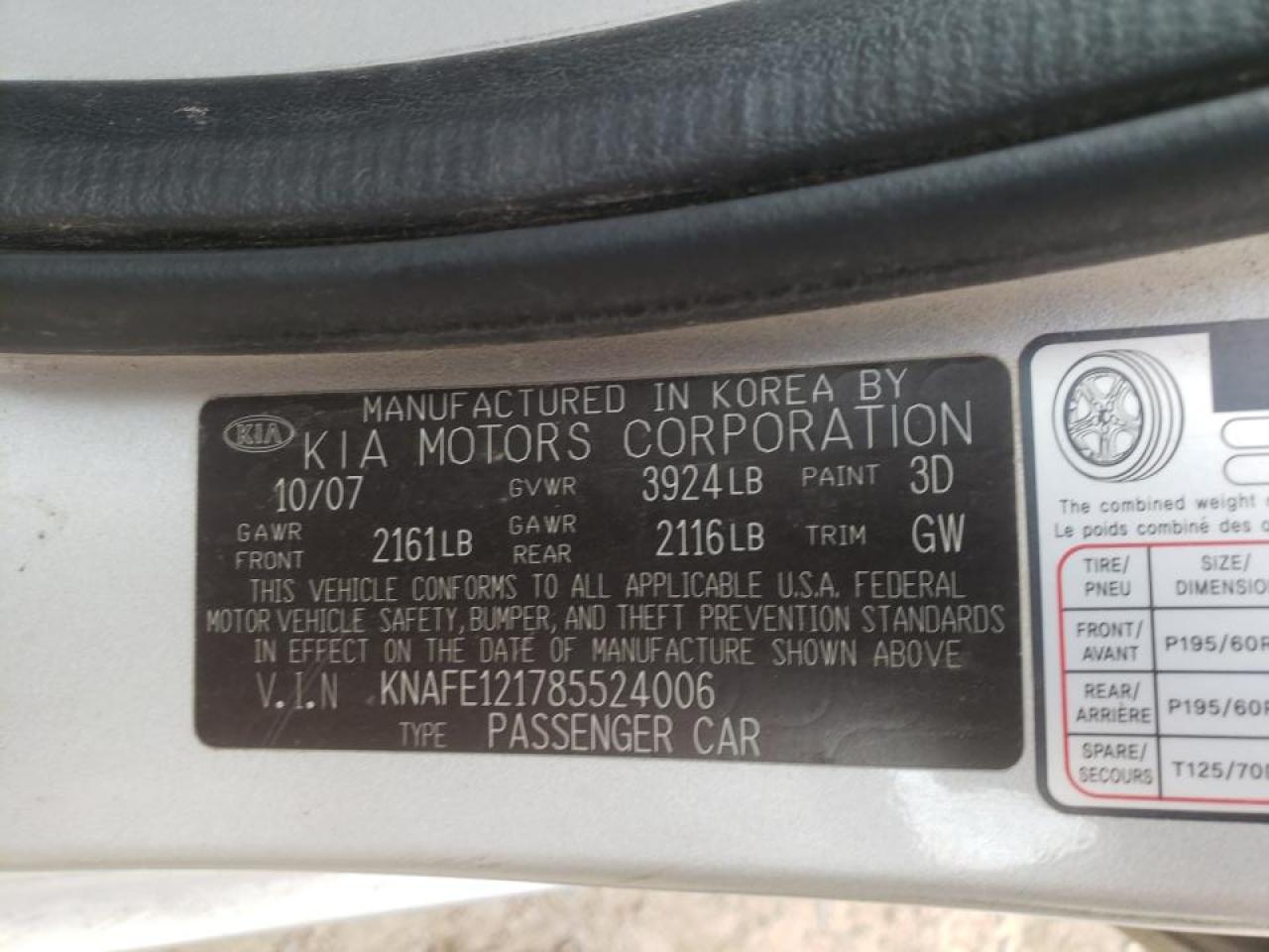 Photo 10 from auction – 2008 KIA SPECTRA EX with VIN KNAFE121785524006