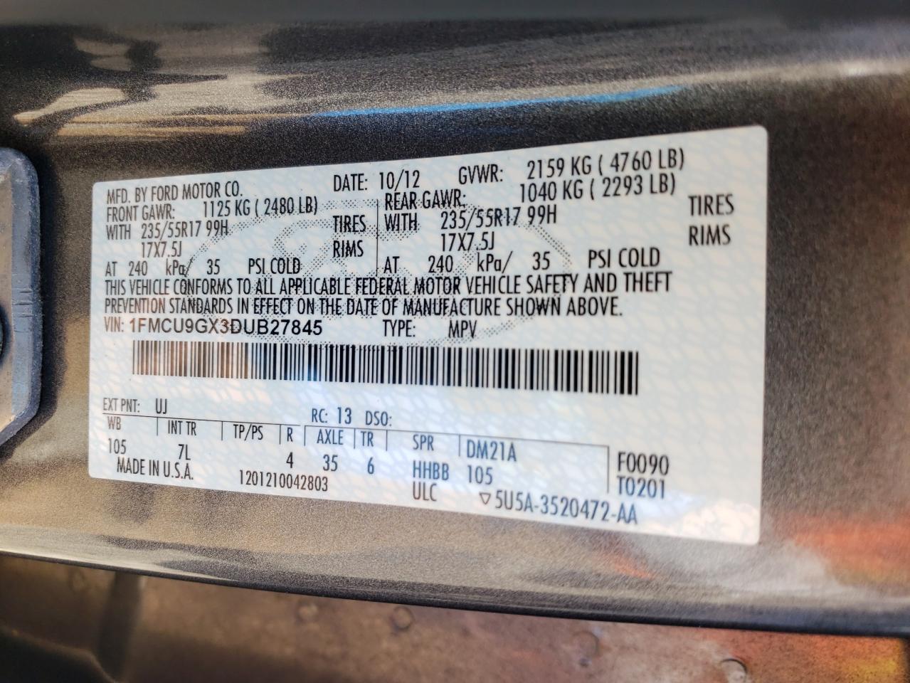 Photo 10 from auction – 2013 FORD ESCAPE SE with VIN 1FMCU9GX3DUB27845