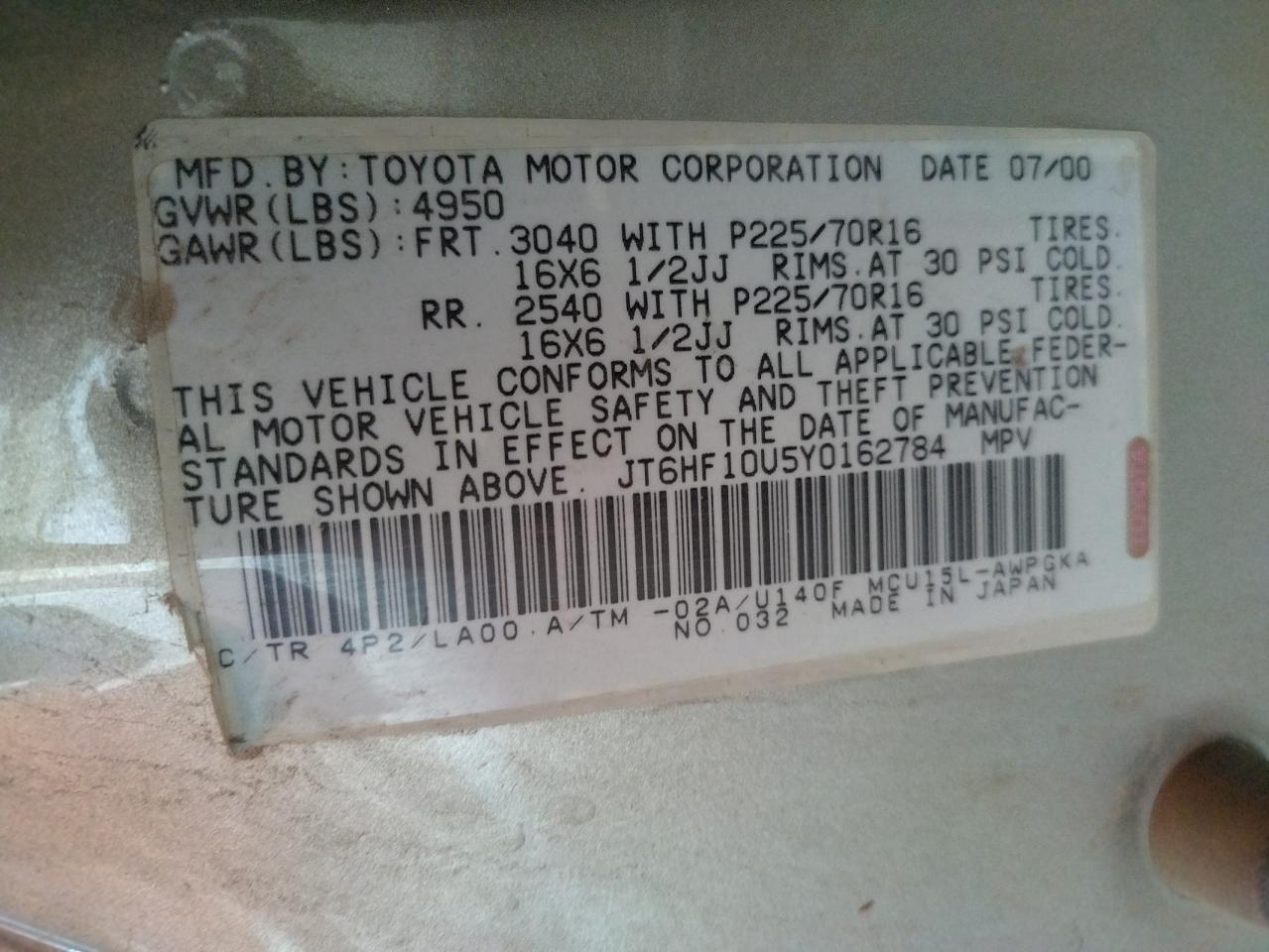 Photo 11 from auction – 2000 LEXUS RX with VIN JT6HF10U5Y0162784