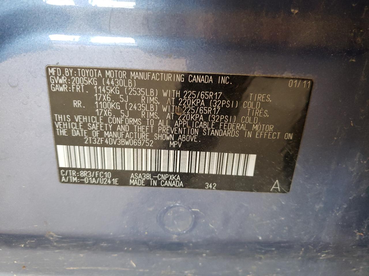 Photo 10 from auction – 2011 TOYOTA RAV4 with VIN 2T3ZF4DV3BW069752