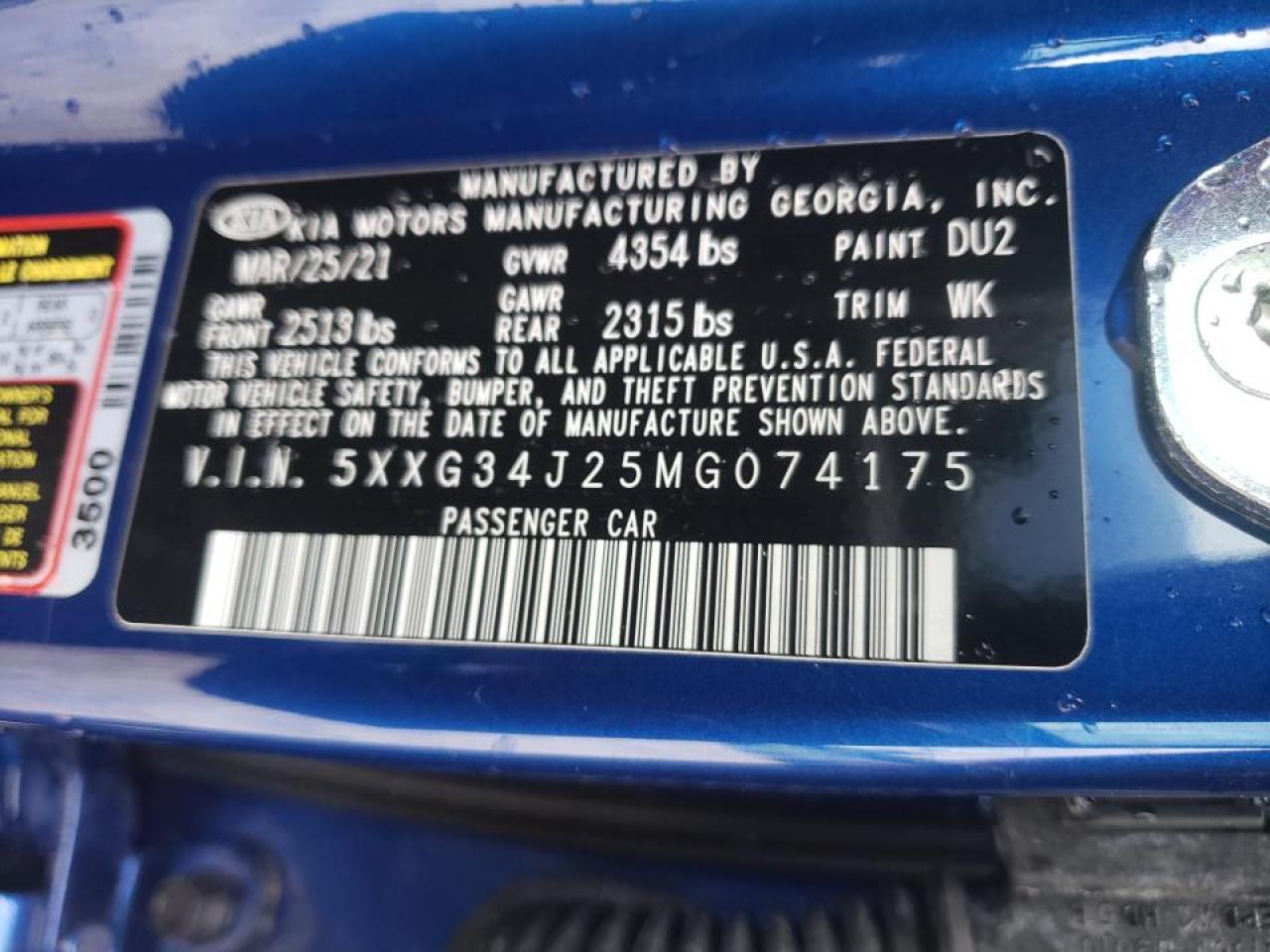 Photo 10 from auction – 2021 KIA K5 EX with VIN 5XXG34J25MG074175