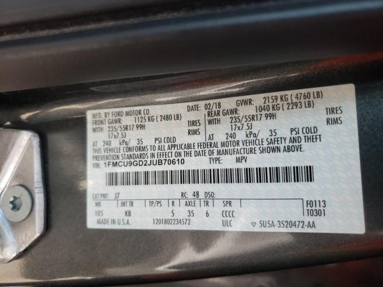Photo 10 from auction – 2018 FORD ESCAPE SE with VIN 1FMCU9GD2JUB70610