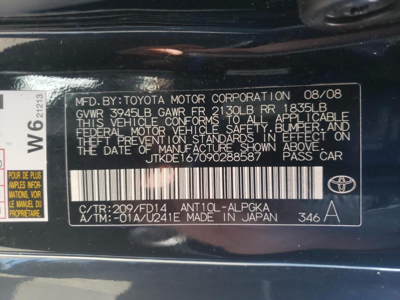 Photo 10 from auction – 2009 TOYOTA SCION TC with VIN JTKDE167090288587