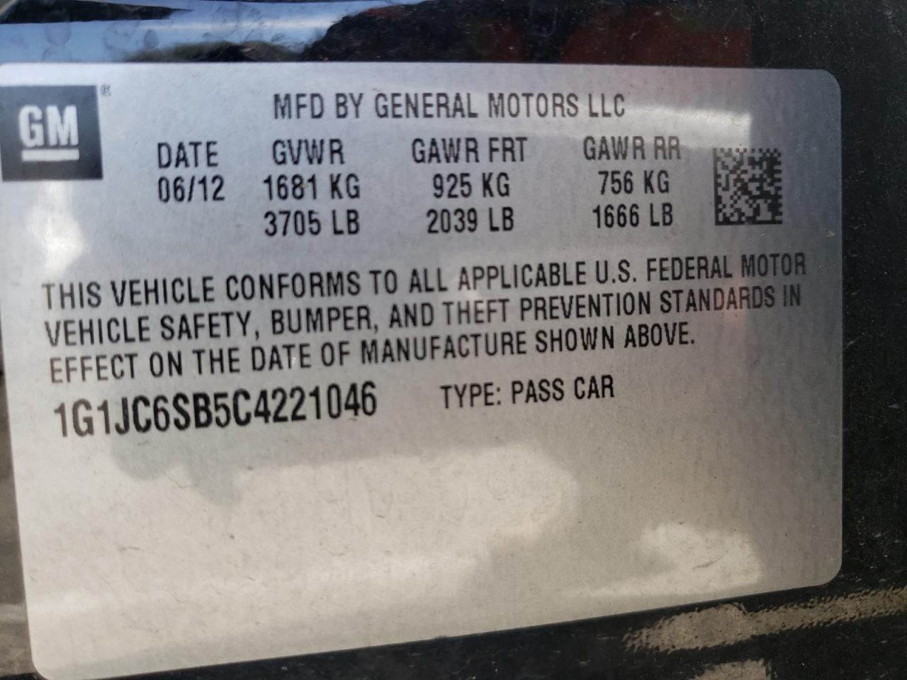 Photo 10 from auction – 2012 CHEVROLET SONIC LT with VIN 1G1JC6SB5C4221046