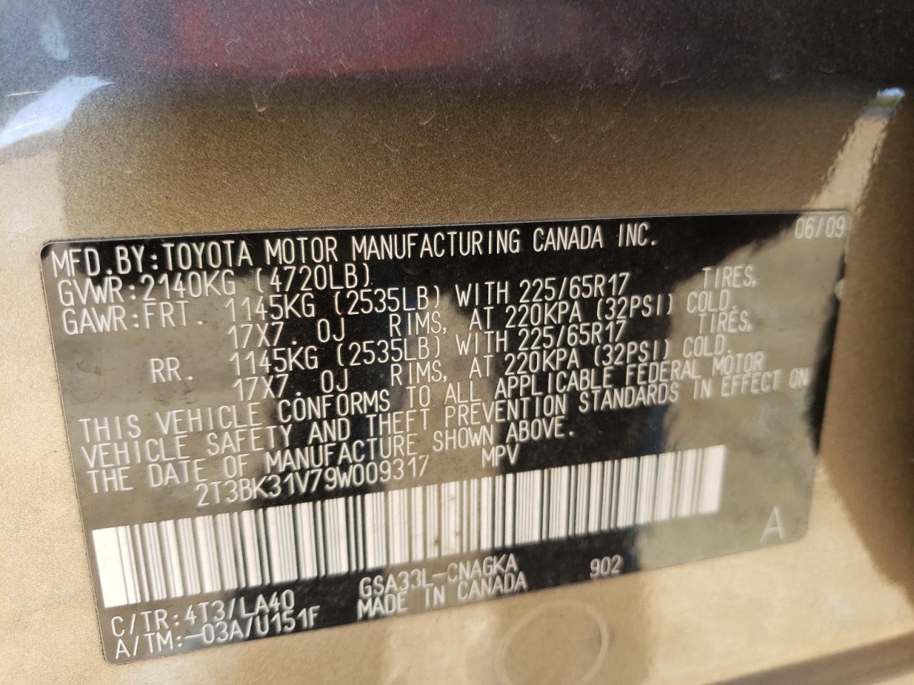 Photo 10 from auction – 2009 TOYOTA RAV4 LIMIT with VIN 2T3BK31V79W009317