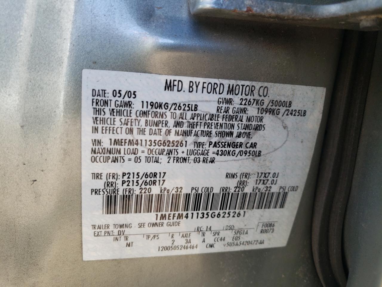 Photo 10 from auction – 2005 MERCURY MONTEGO LU with VIN 1MEFM41135G625261