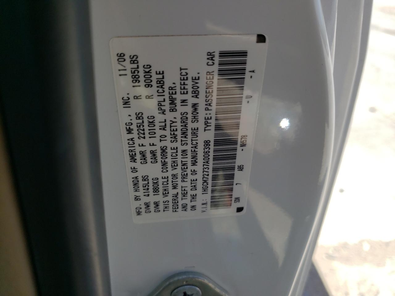 Photo 10 from auction – 2007 HONDA ACCORD EX with VIN 1HGCM72737A006398