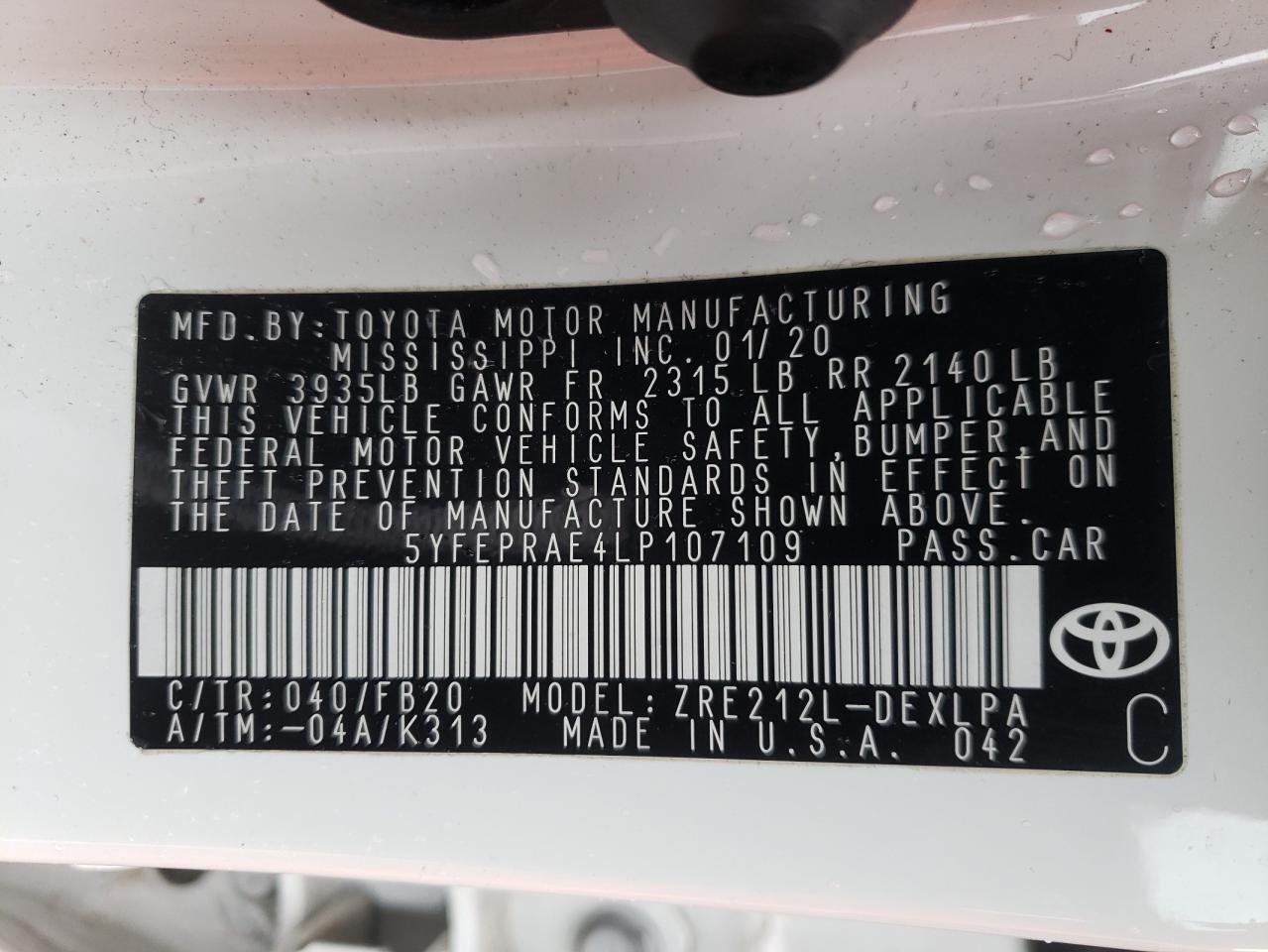 Photo 10 from auction – 2020 TOYOTA COROLLA LE with VIN 5YFEPRAE4LP107109
