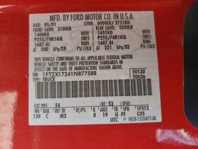 Photo 10 from auction – 2001 FORD F150 with VIN 1FTZX17241NB77588