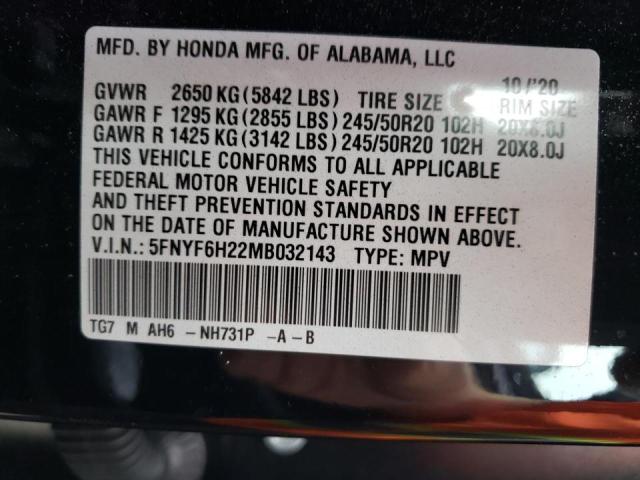 Photo 10 from auction – 2021 HONDA PILOT SE with VIN 5FNYF6H22MB032143