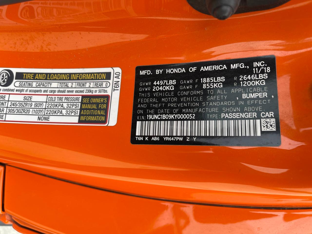 Photo 10 from auction – 2019 ACURA NSX with VIN 19UNC1B09KY000052