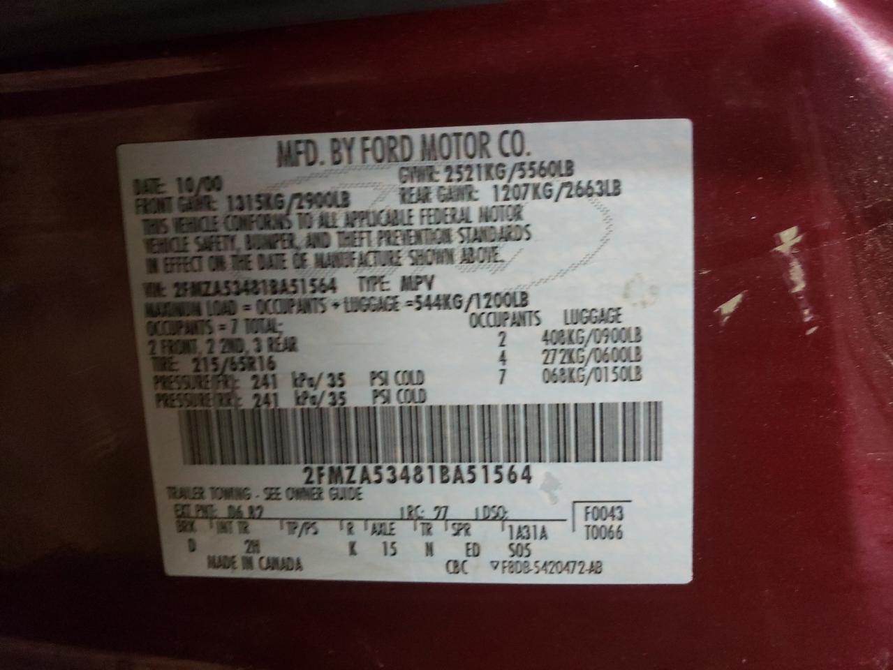 Photo 10 from auction – 2001 FORD WINDSTAR S with VIN 2FMZA53481BA51564
