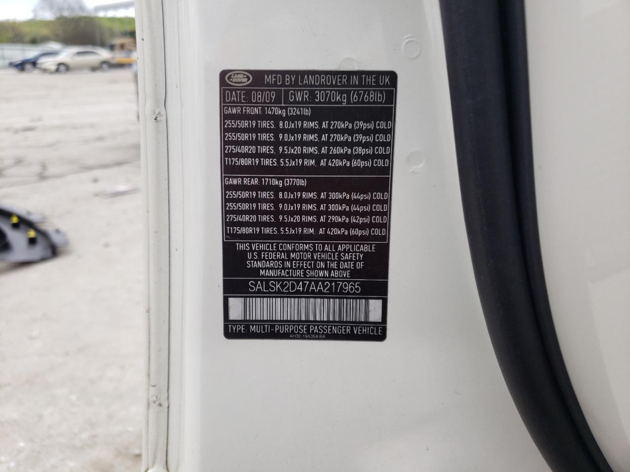 Photo 10 from auction – 2010 LAND ROVER RANGE ROVE with VIN SALSK2D47AA217965