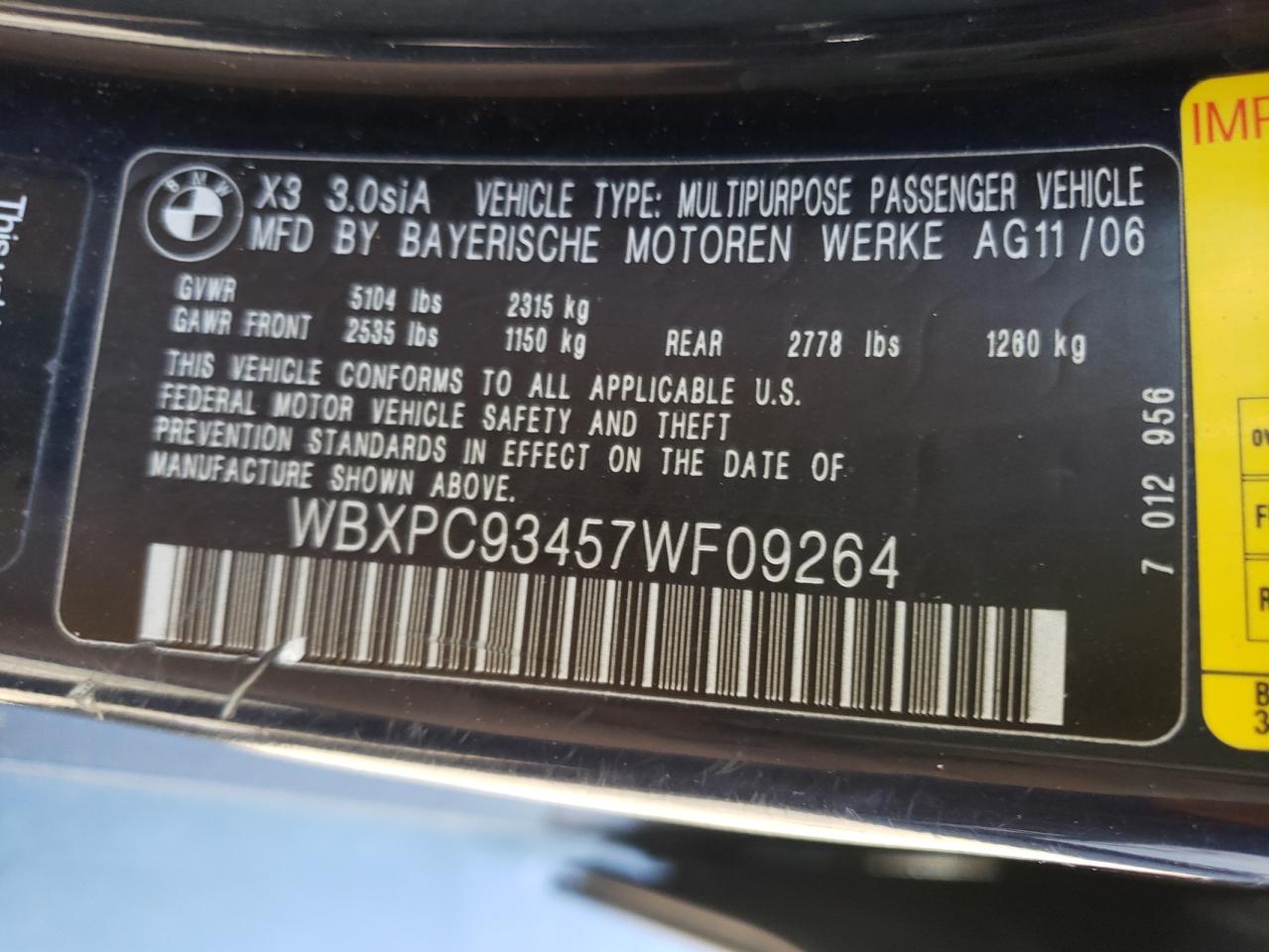 Photo 10 from auction – 2007 BMW X3 3.0SI with VIN WBXPC93457WF09264