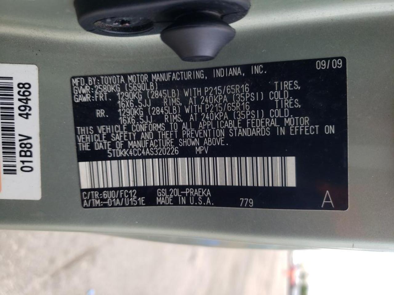 Photo 10 from auction – 2010 TOYOTA SIENNA with VIN 5TDKK4CC4AS320226