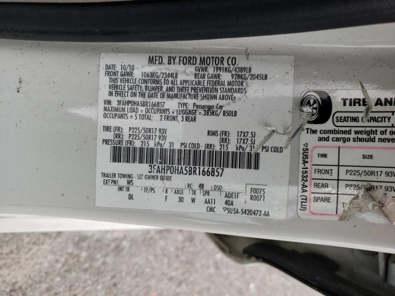 Photo 10 from auction – 2011 FORD FUSION SE with VIN 3FAHP0HA5BR166857