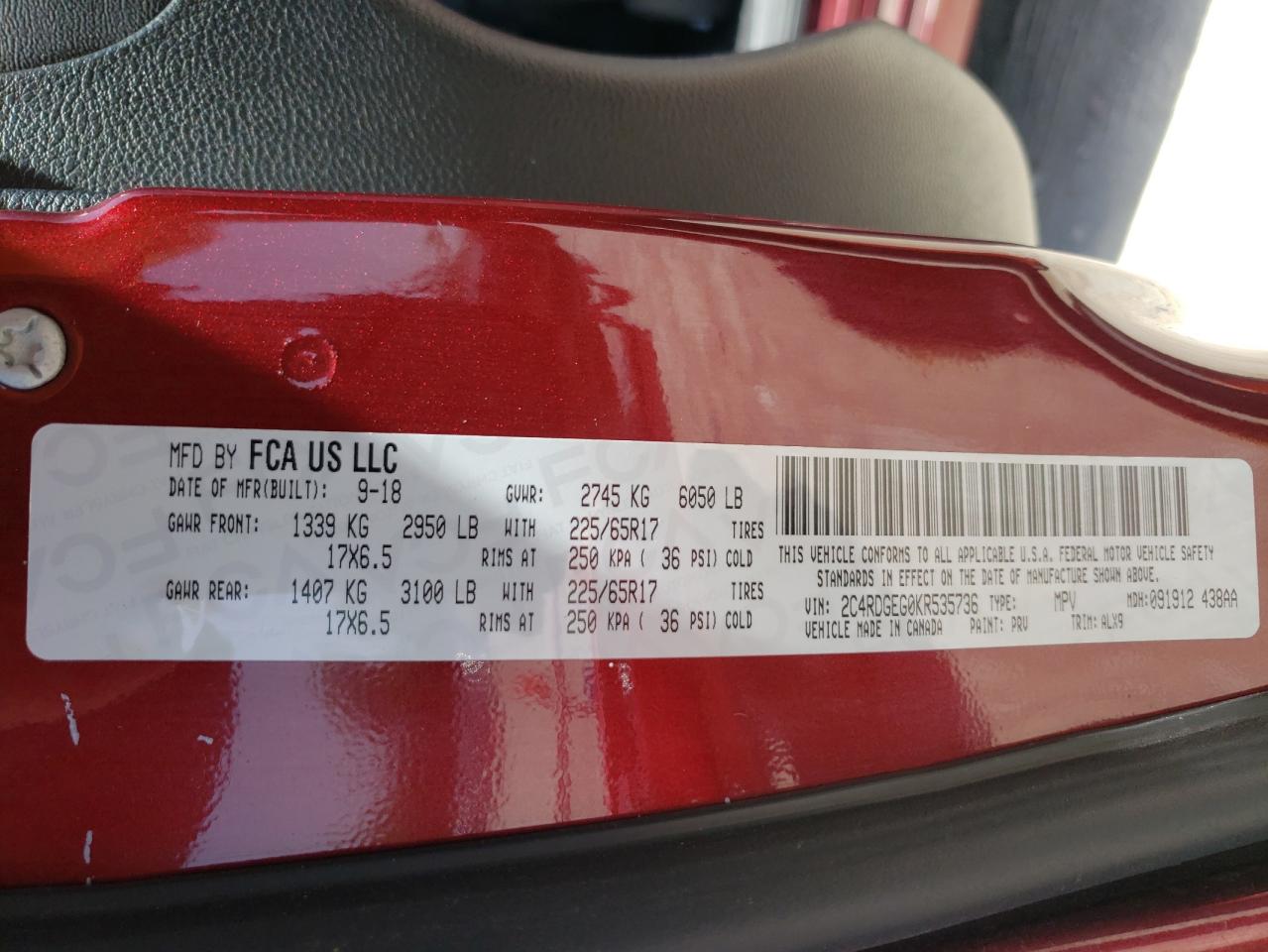 Photo 10 from auction – 2019 DODGE GRAND CARA with VIN 2C4RDGEG0KR535736