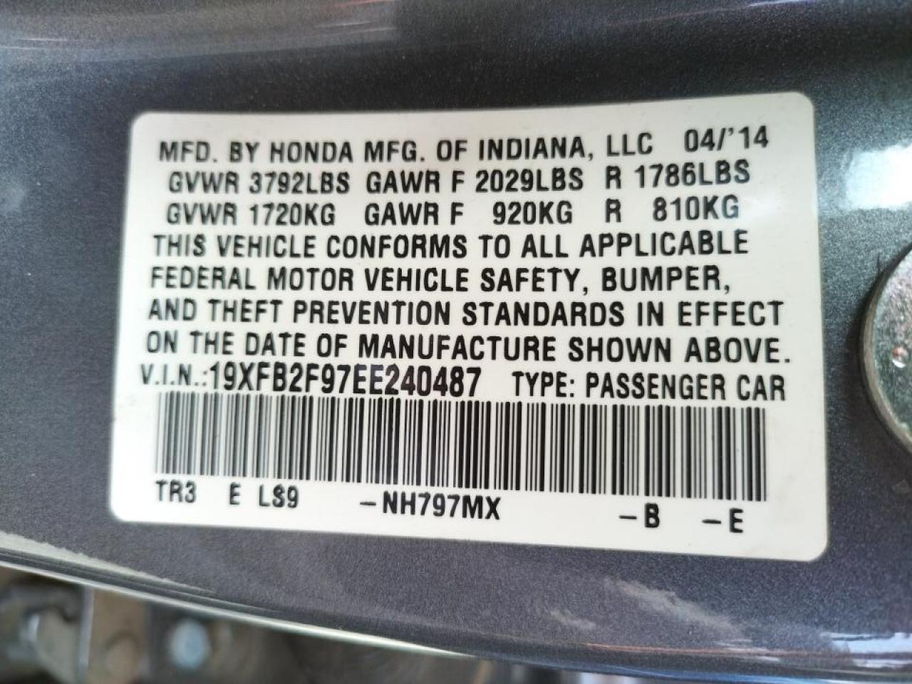 Photo 10 from auction – 2014 HONDA CIVIC EXL with VIN 19XFB2F97EE240487