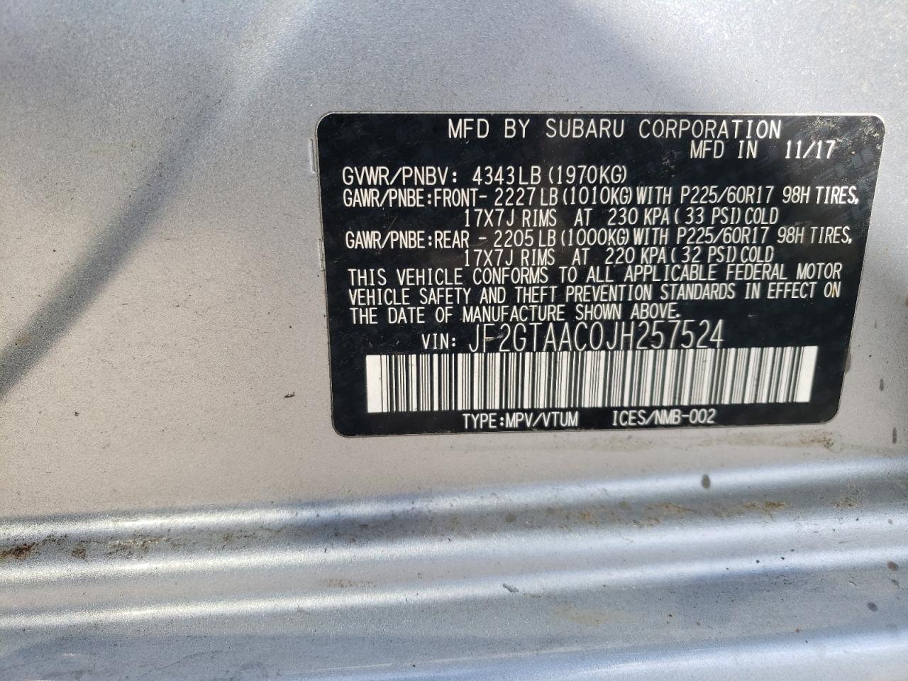 Photo 10 from auction – 2018 SUBARU CROSSTREK with VIN JF2GTAAC0JH257524