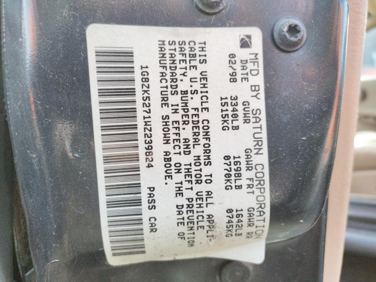 Photo 10 from auction – 1998 SATURN SL2 with VIN 1G8ZK5271WZ239824